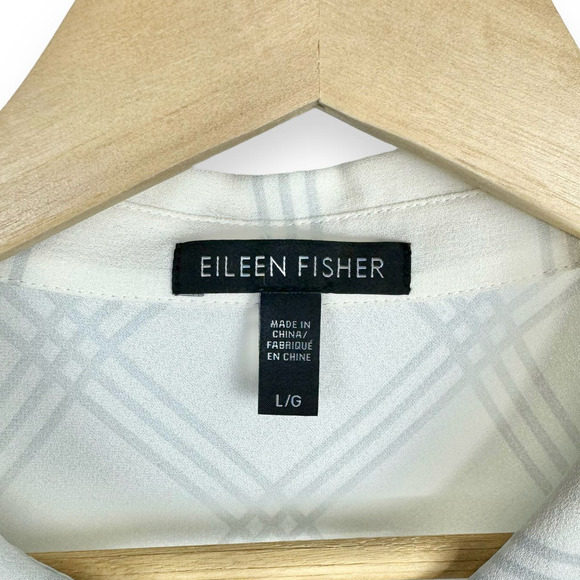 Eileen Fisher White Window Pane Button Down Tunic Top Size Large 100% Silk - Picture 3 of 14